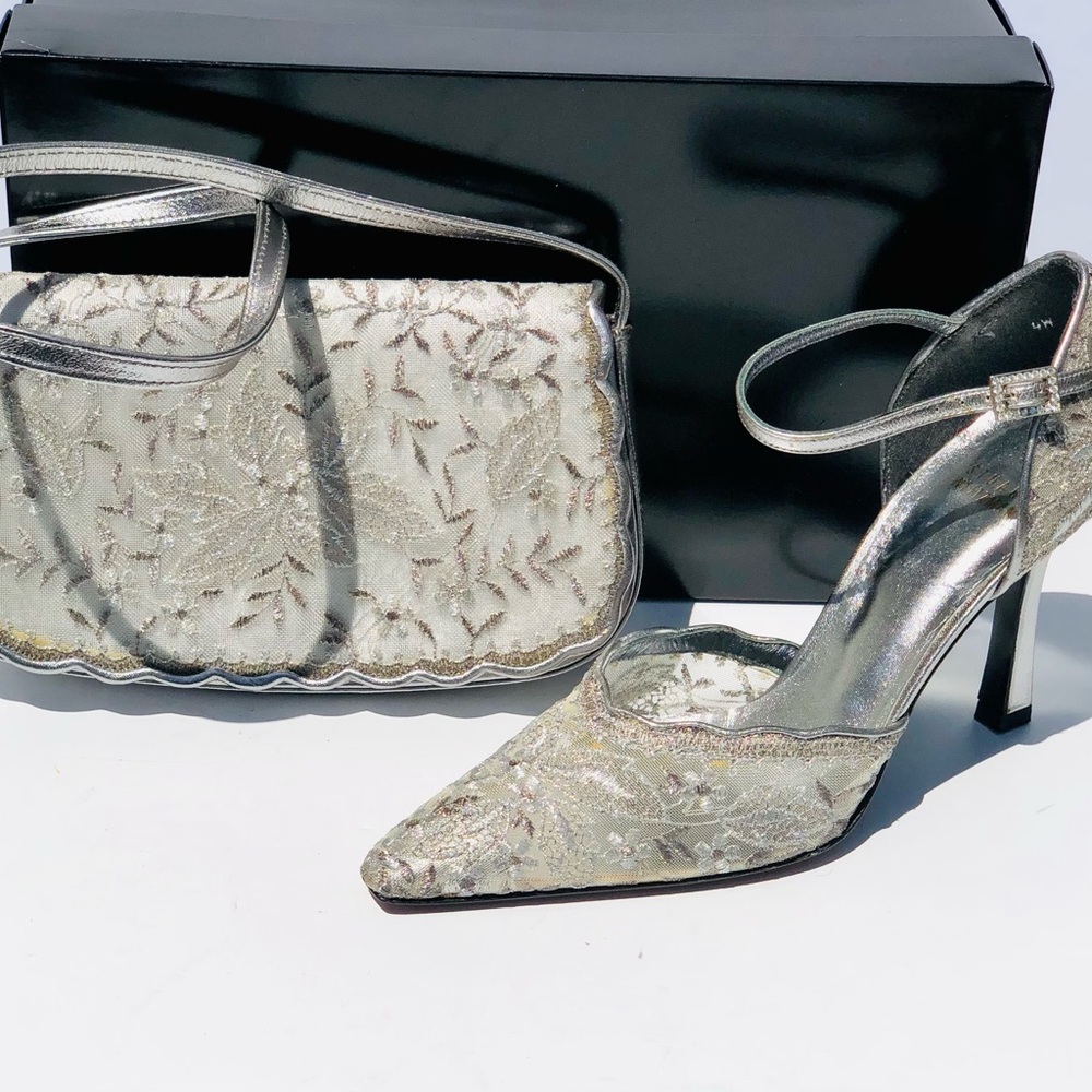 Stuart Weitzman Pewter Scallop lace high heels with rhinestone buckle closure8.5
